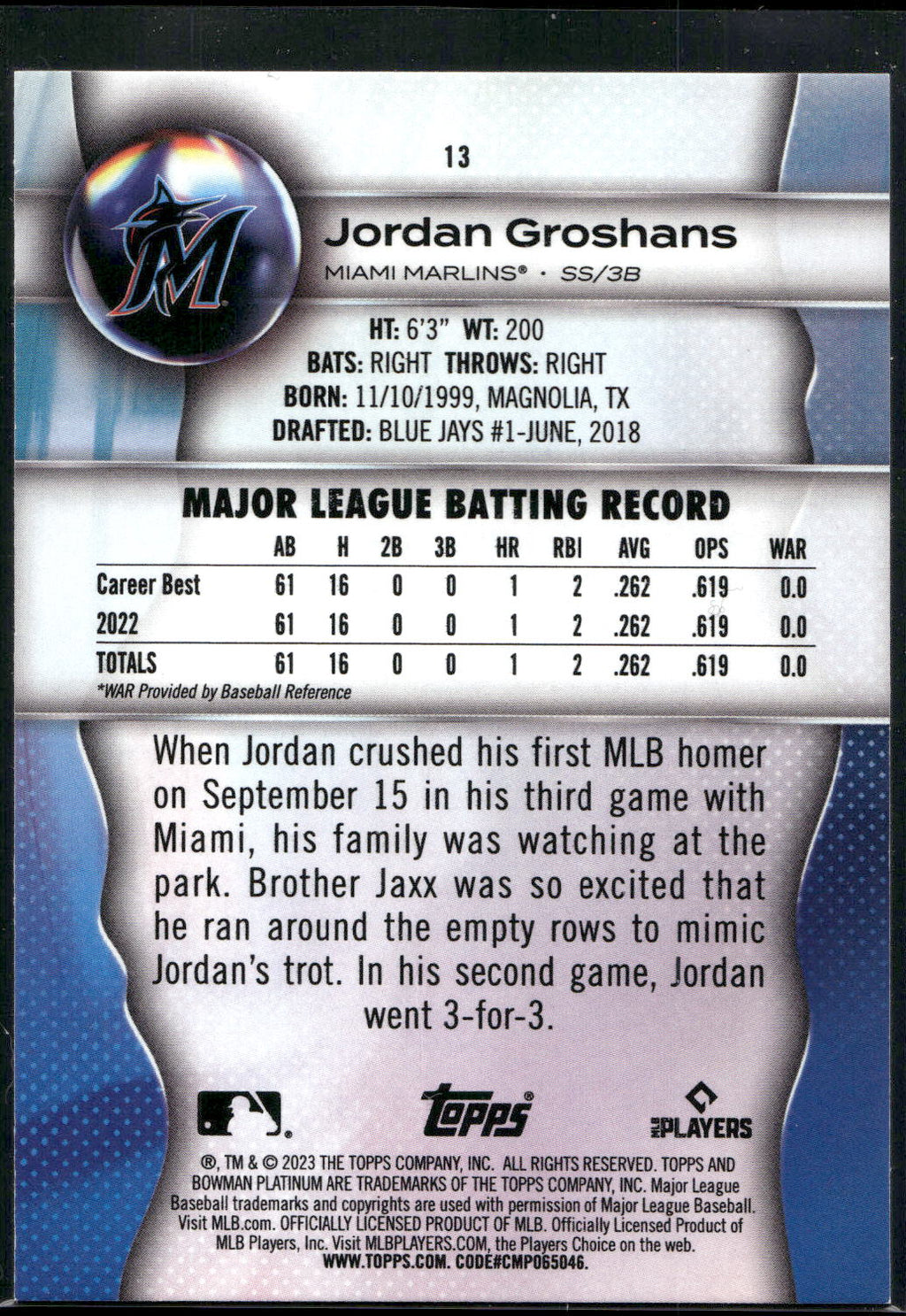 2023 Bowman Platinum #13 Jordan Groshans