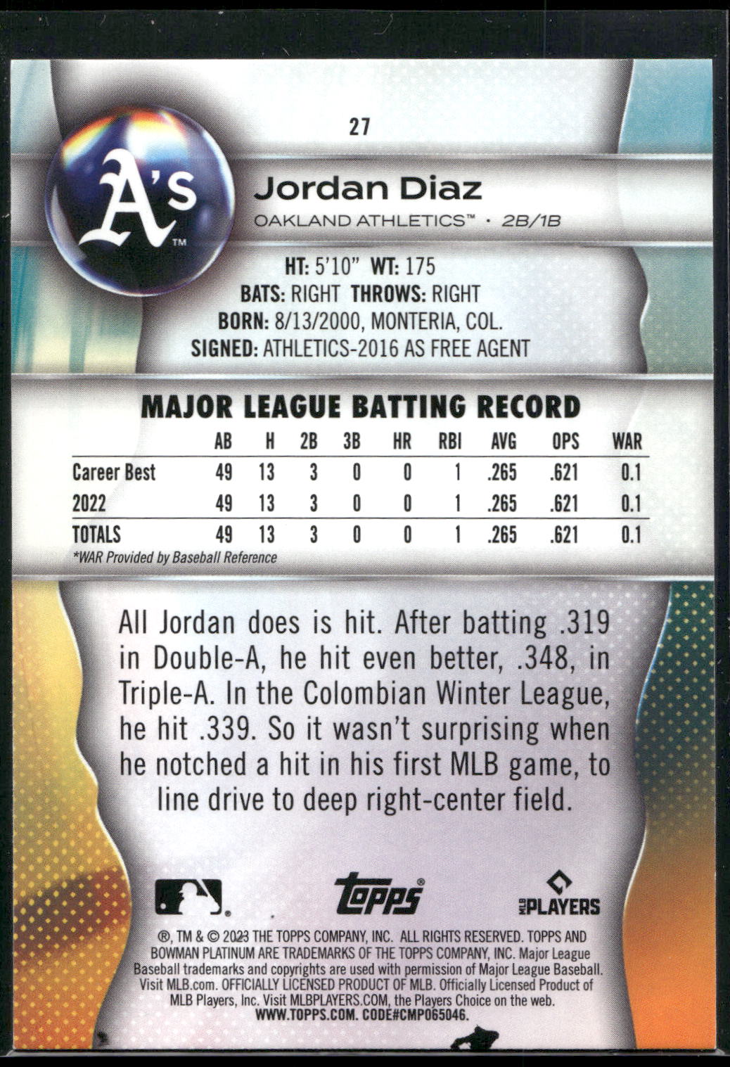 2023 Bowman Platinum #27 Jordan Diaz