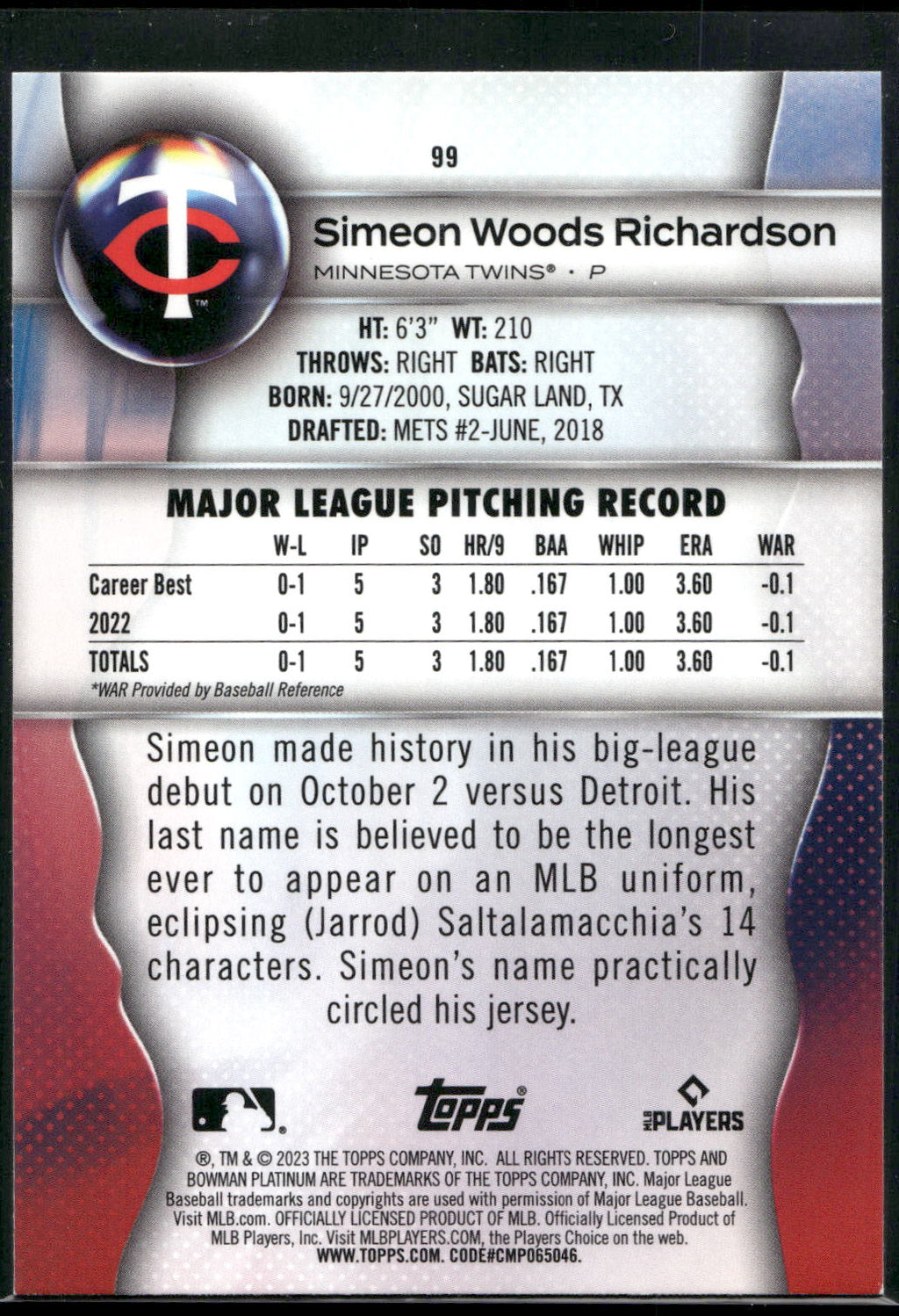 2023 Bowman Platinum #99 Simeon Woods Richardson