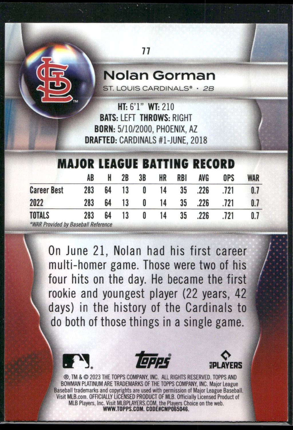 2023 Bowman Platinum #77 Nolan Gorman