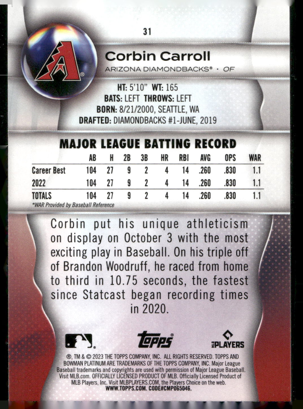 2023 Bowman Platinum #31 Corbin Carroll