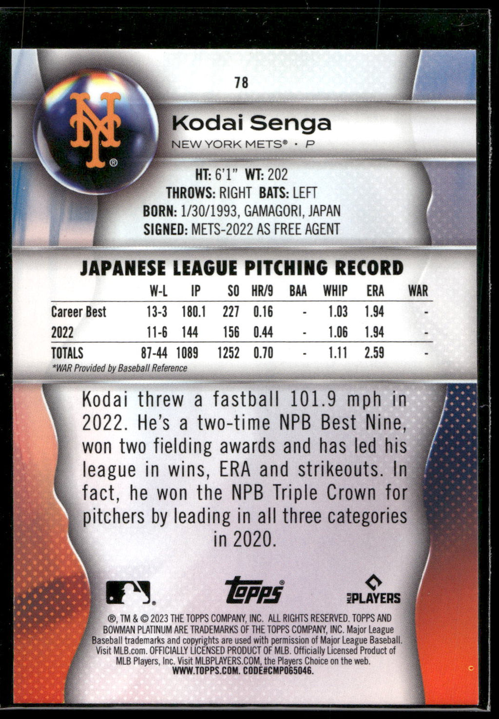 2023 Bowman Platinum #78 Kodai Senga