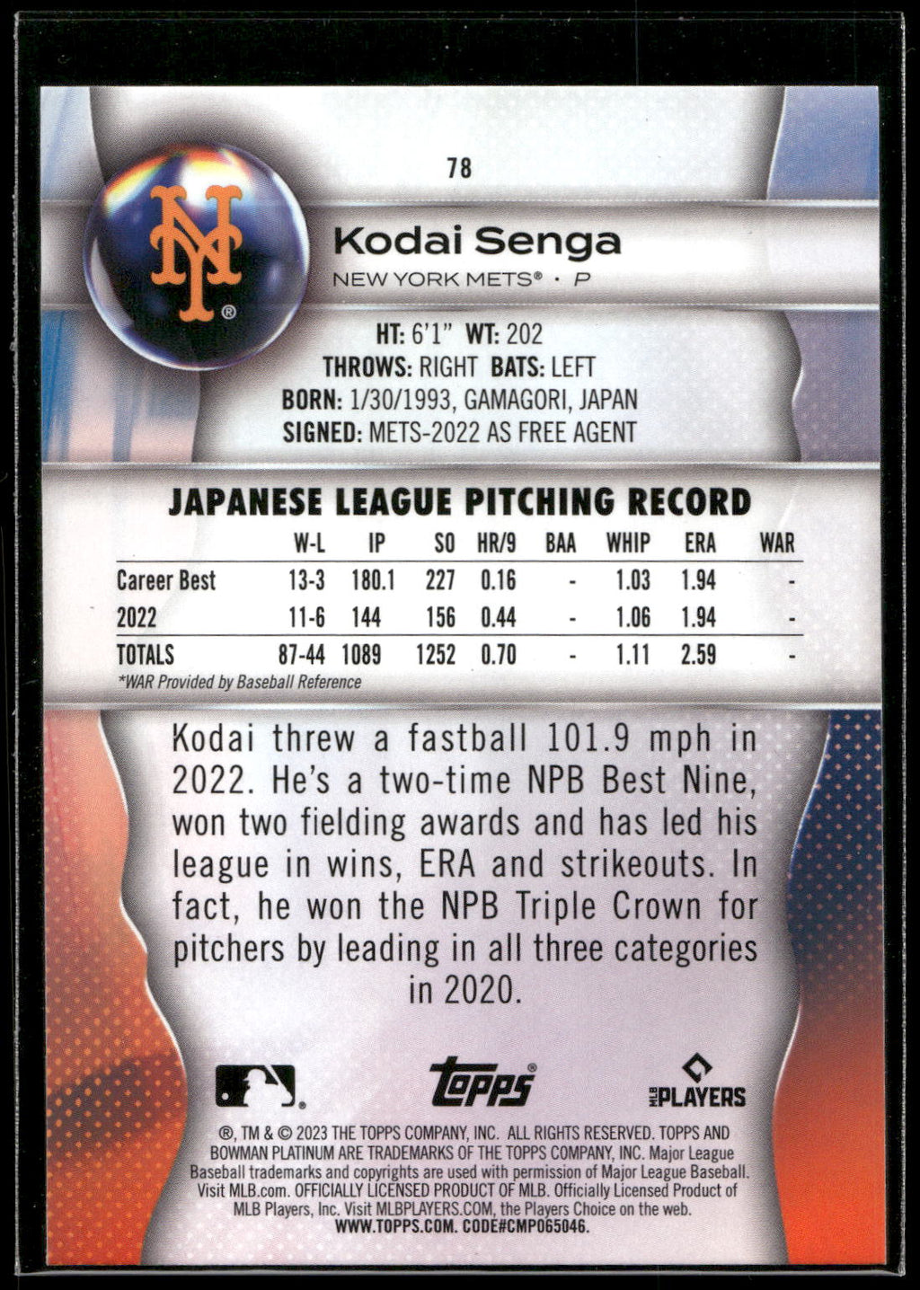 2023 Bowman Platinum #78 Kodai Senga