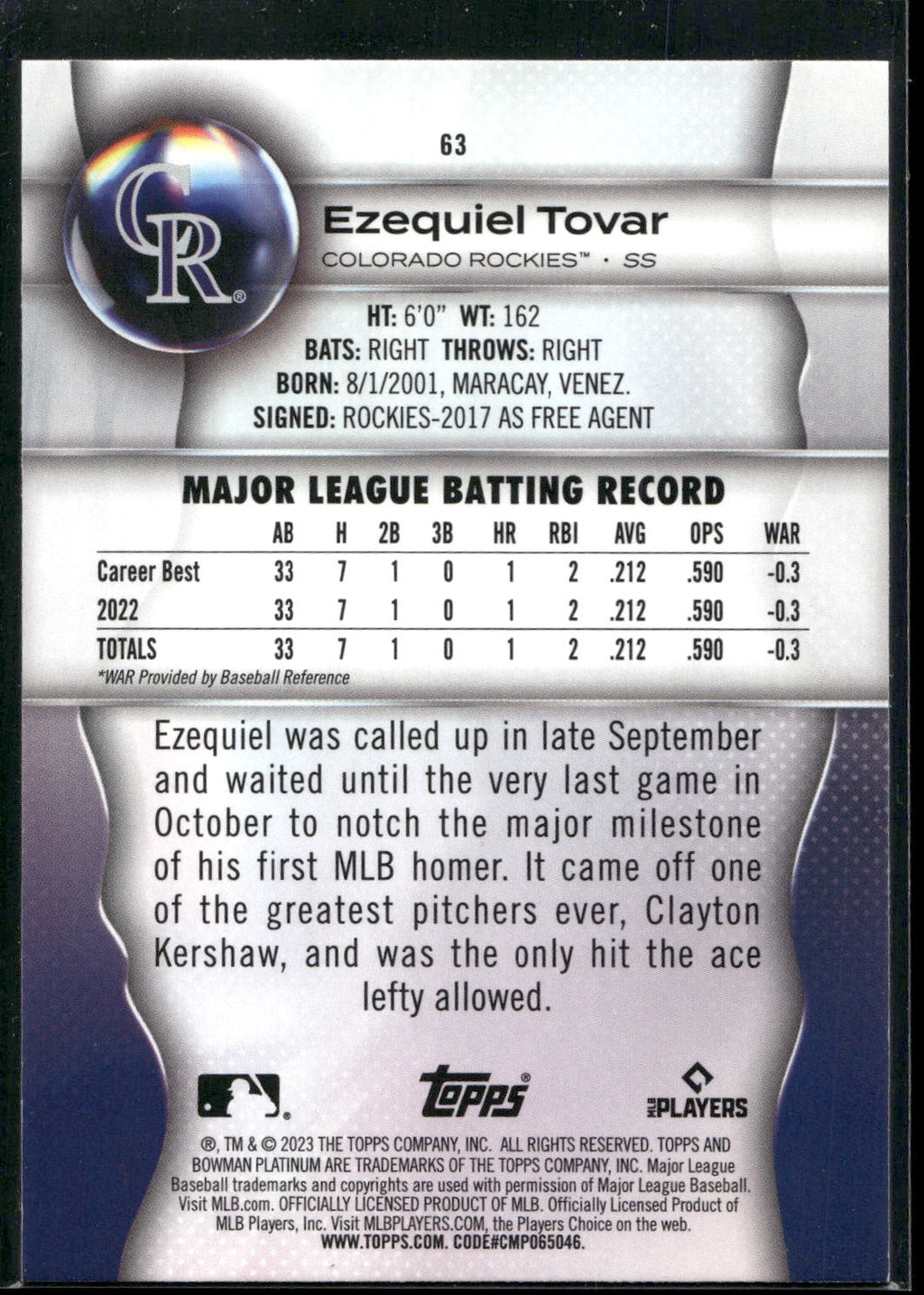2023 Bowman Platinum #63 Ezequiel Tovar