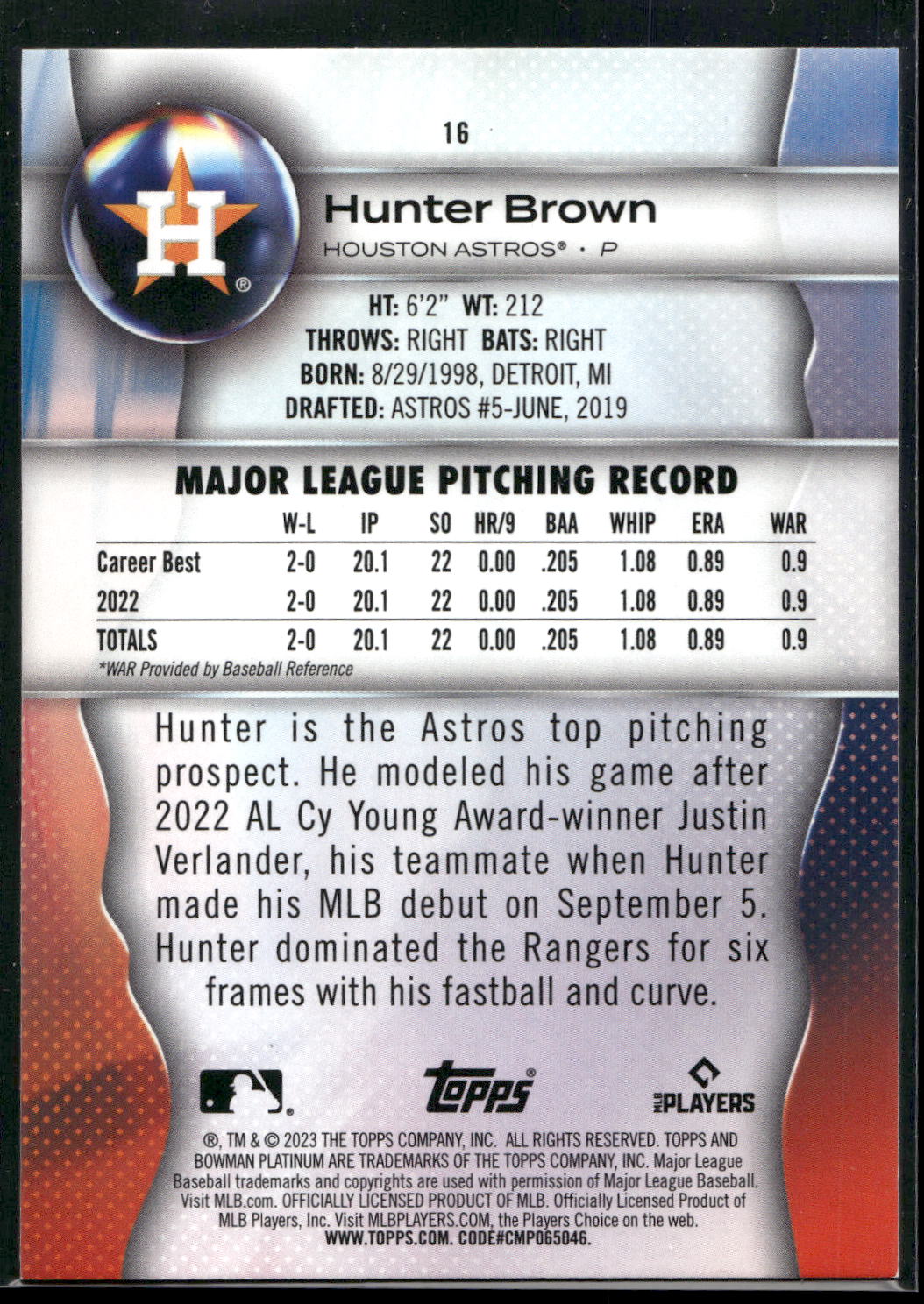 2023 Bowman Platinum #16 Hunter Brown