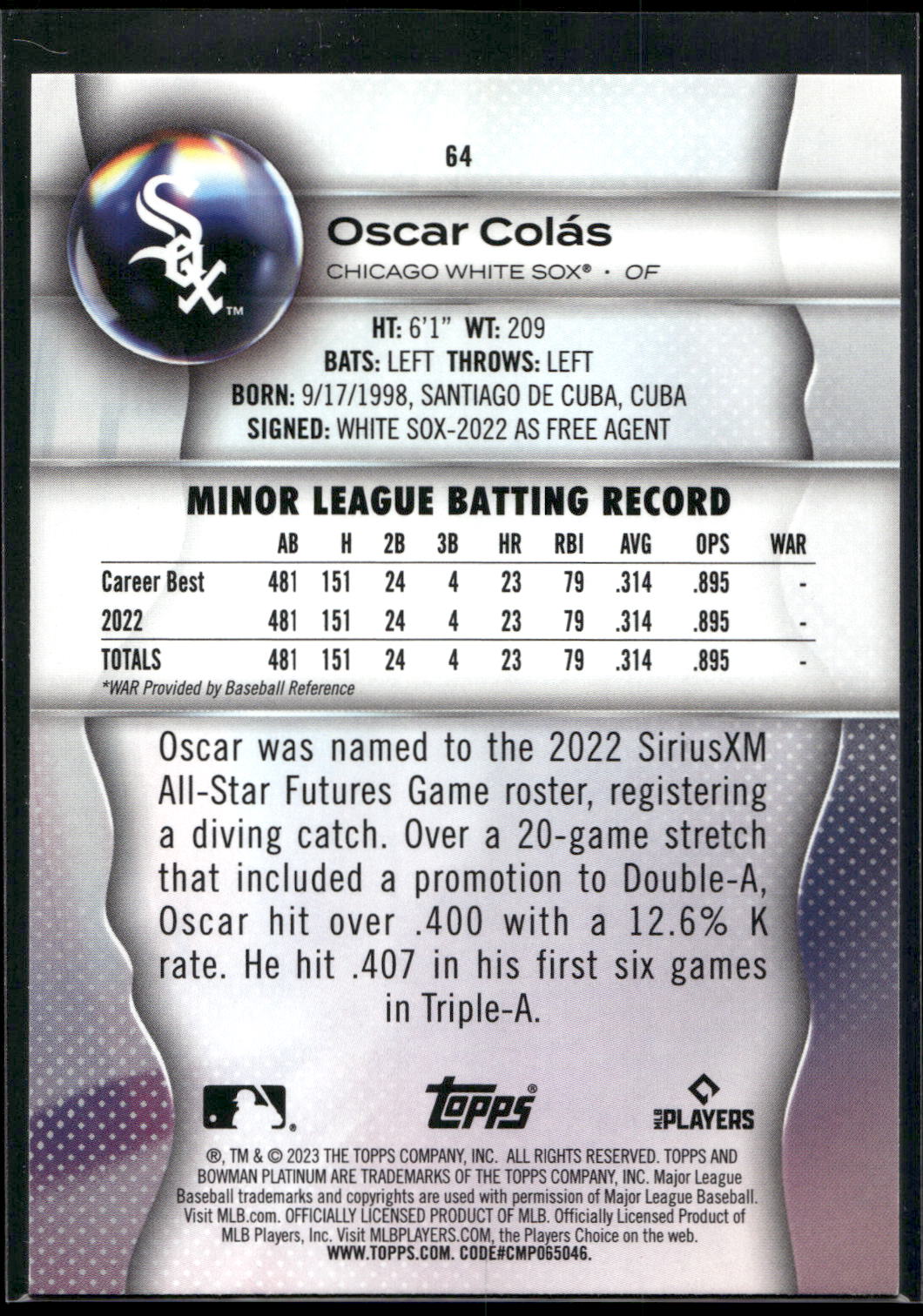 2023 Bowman Platinum #64 Oscar Colás