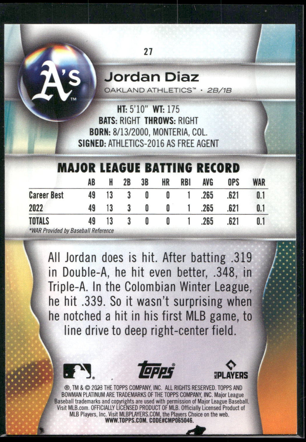 2023 Bowman Platinum #27 Jordan Diaz