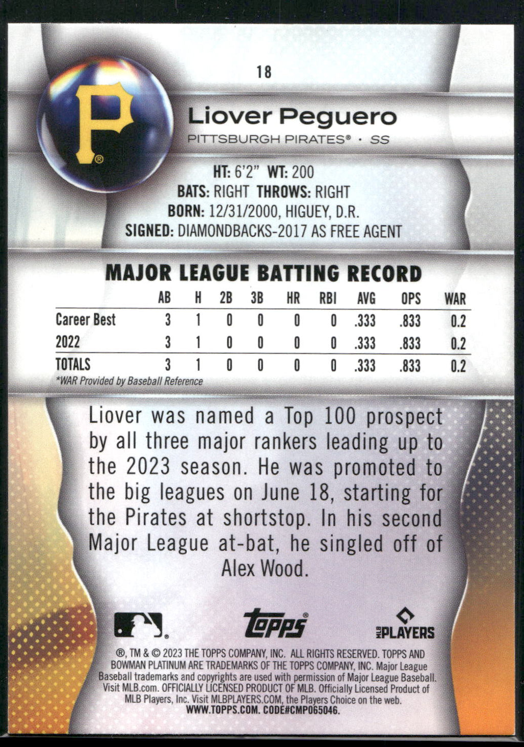 2023 Bowman Platinum #18 Liover Peguero
