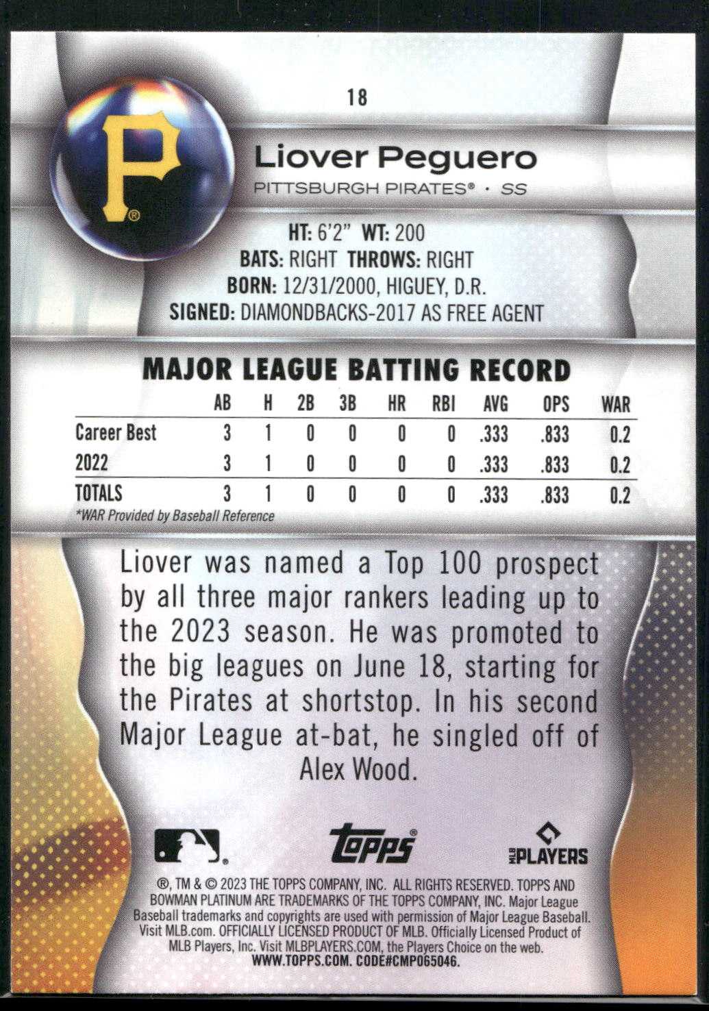 2023 Bowman Platinum #18 Liover Peguero