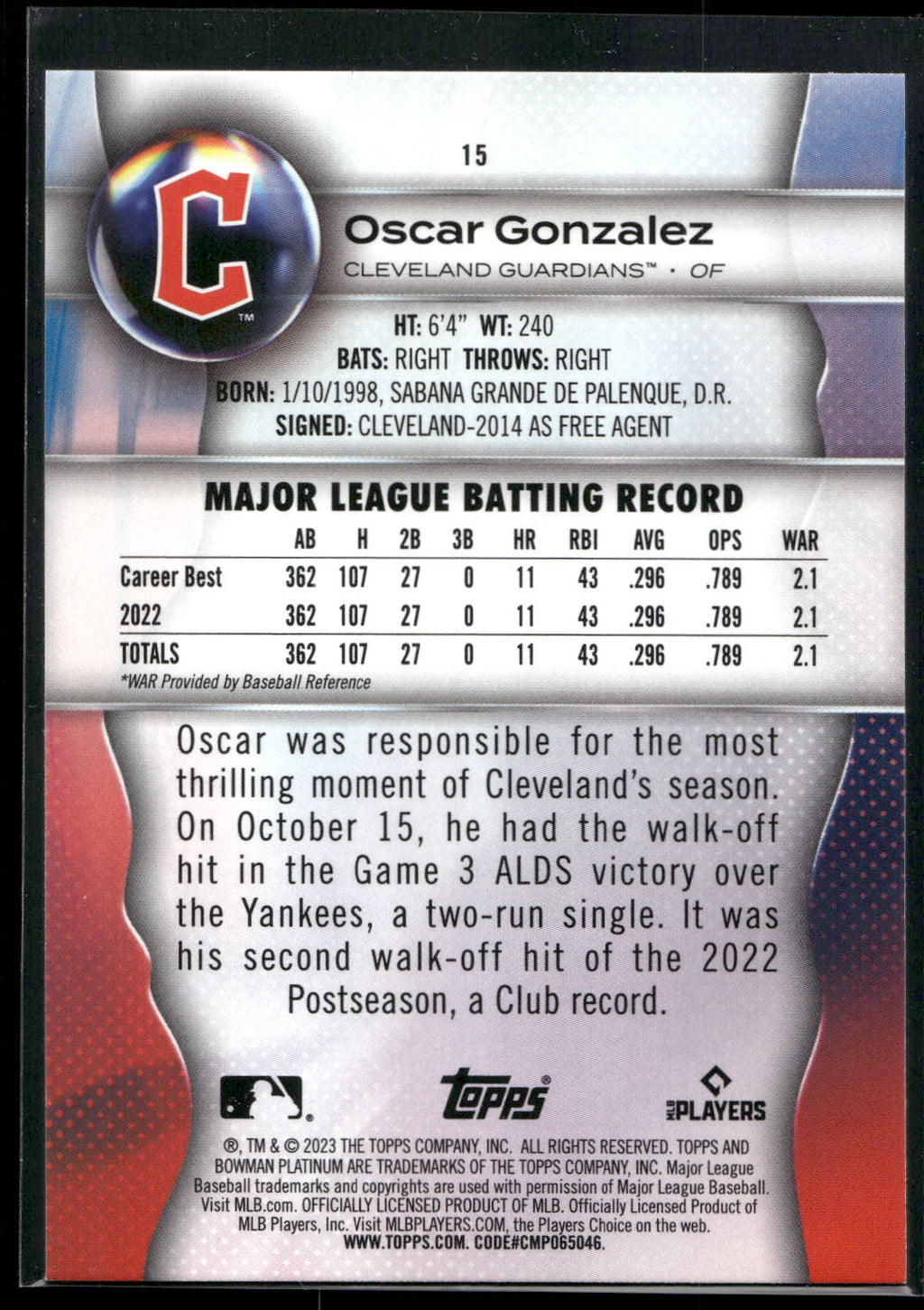 2023 Bowman Platinum #15 Oscar Gonzalez