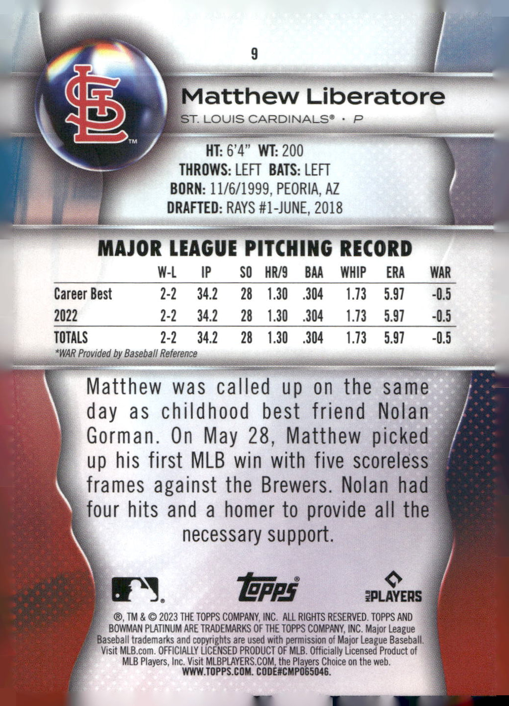 2023 Bowman Platinum #9 Matthew Liberatore