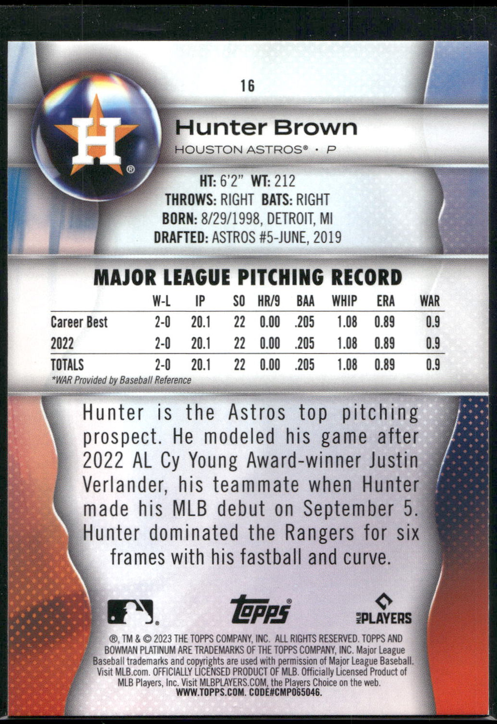 2023 Bowman Platinum #16 Hunter Brown