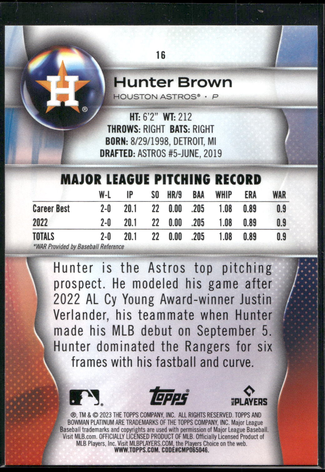 2023 Bowman Platinum #16 Hunter Brown