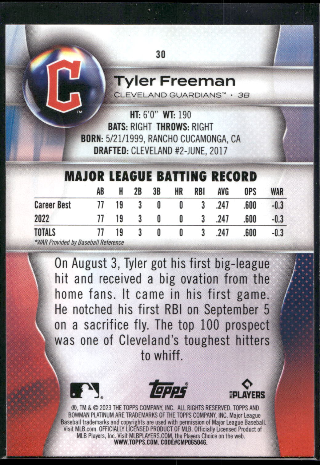 2023 Bowman Platinum #30 Tyler Freeman