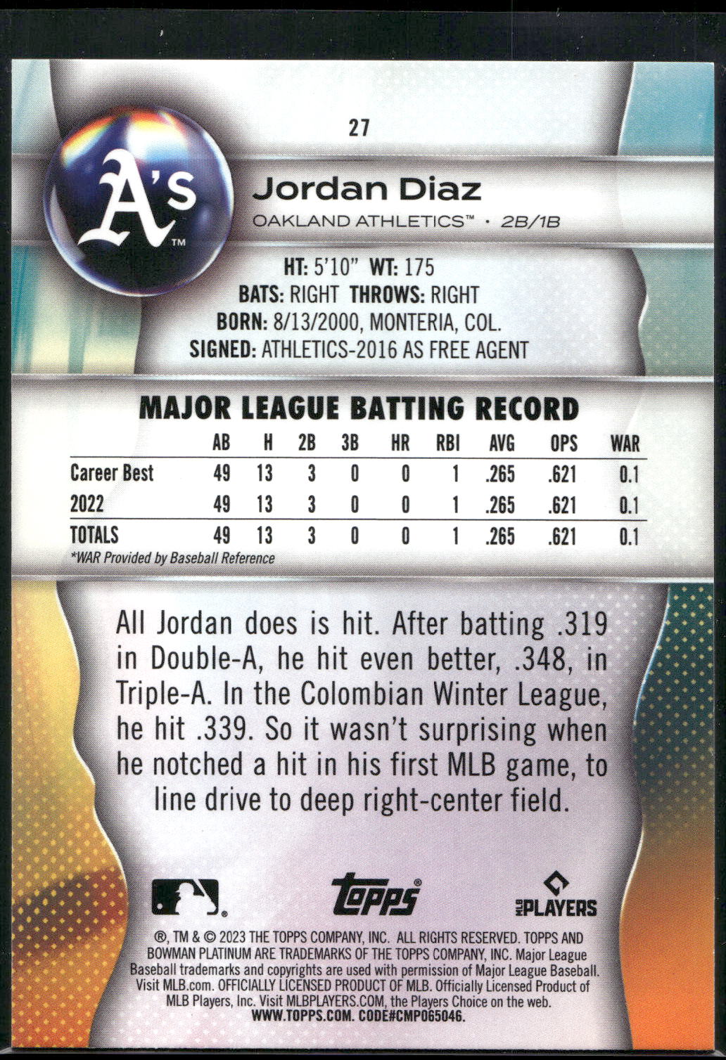 2023 Bowman Platinum #27 Jordan Diaz