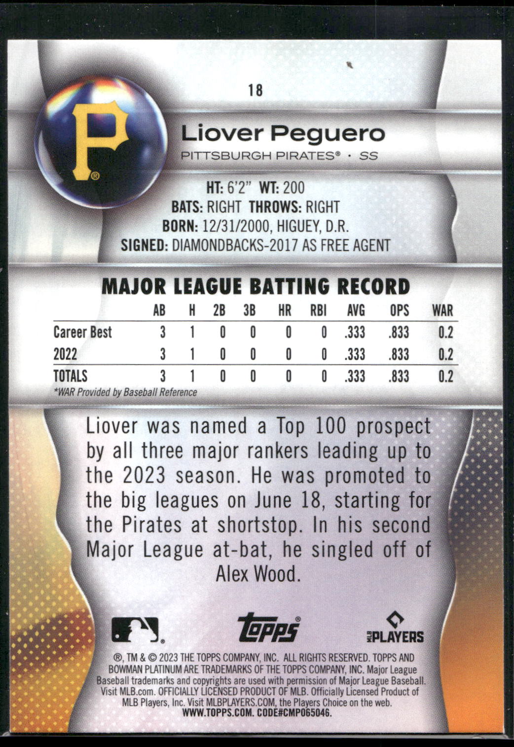 2023 Bowman Platinum #18 Liover Peguero