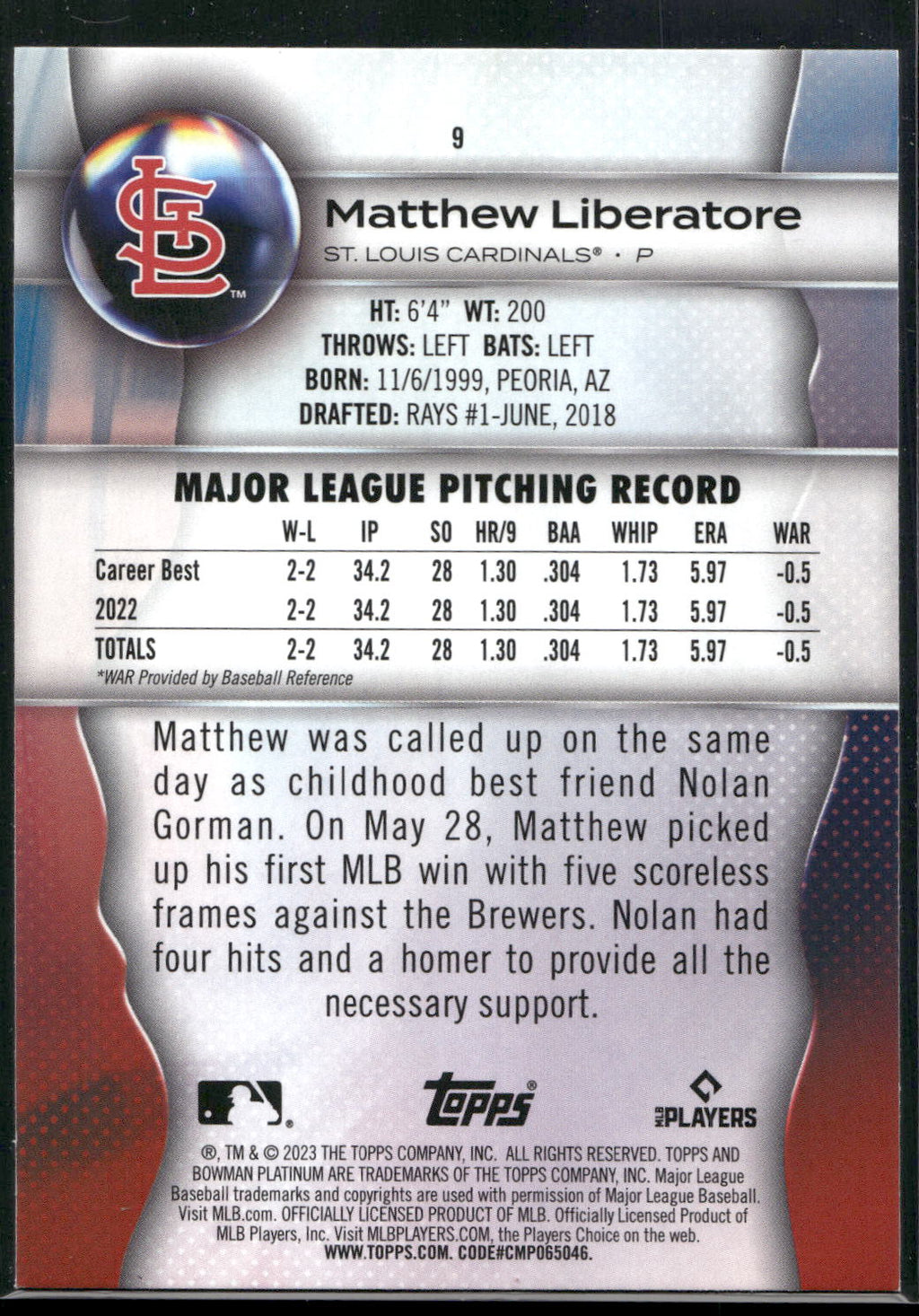 2023 Bowman Platinum #9 Matthew Liberatore