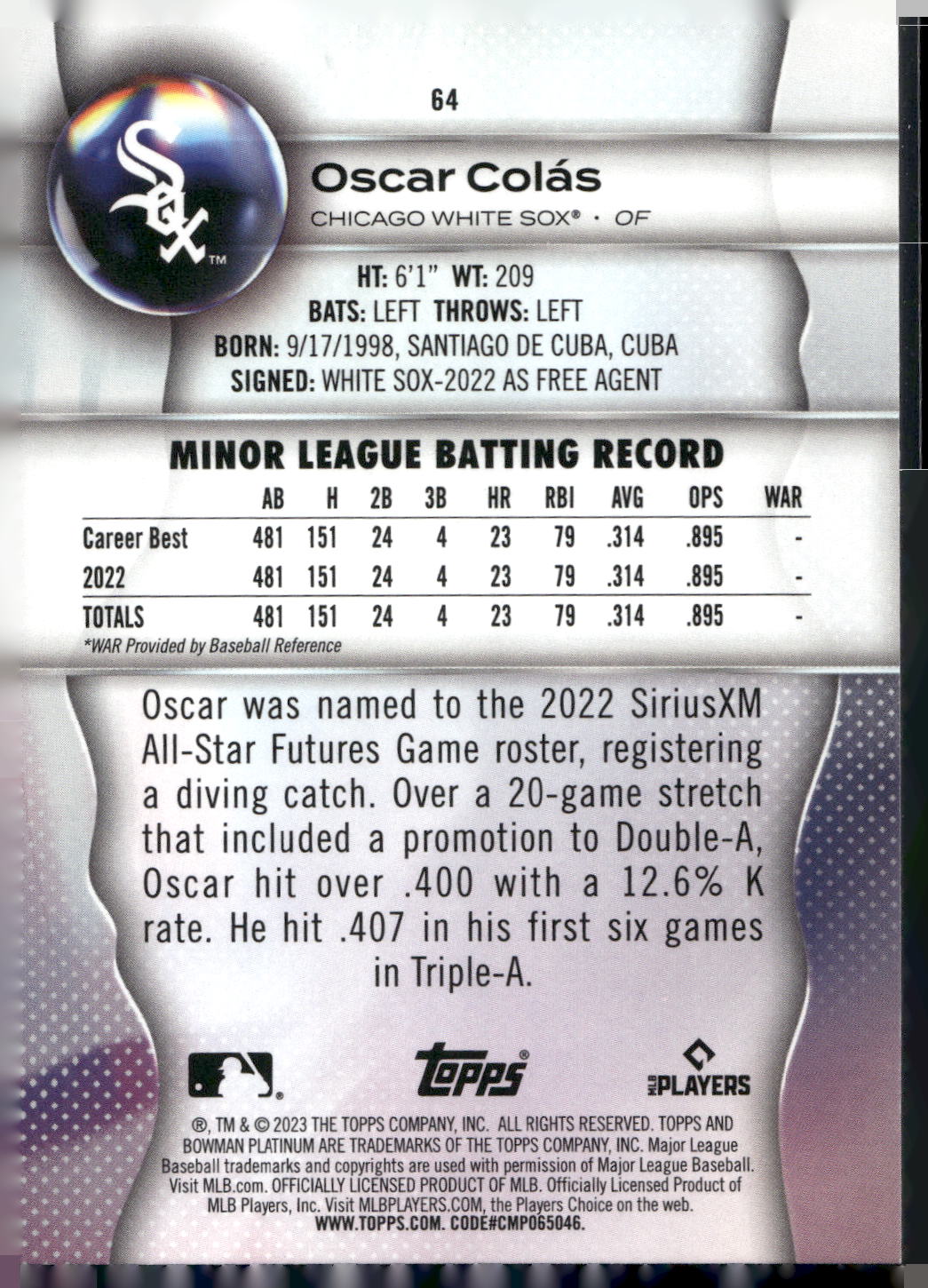 2023 Bowman Platinum #64 Oscar Colás