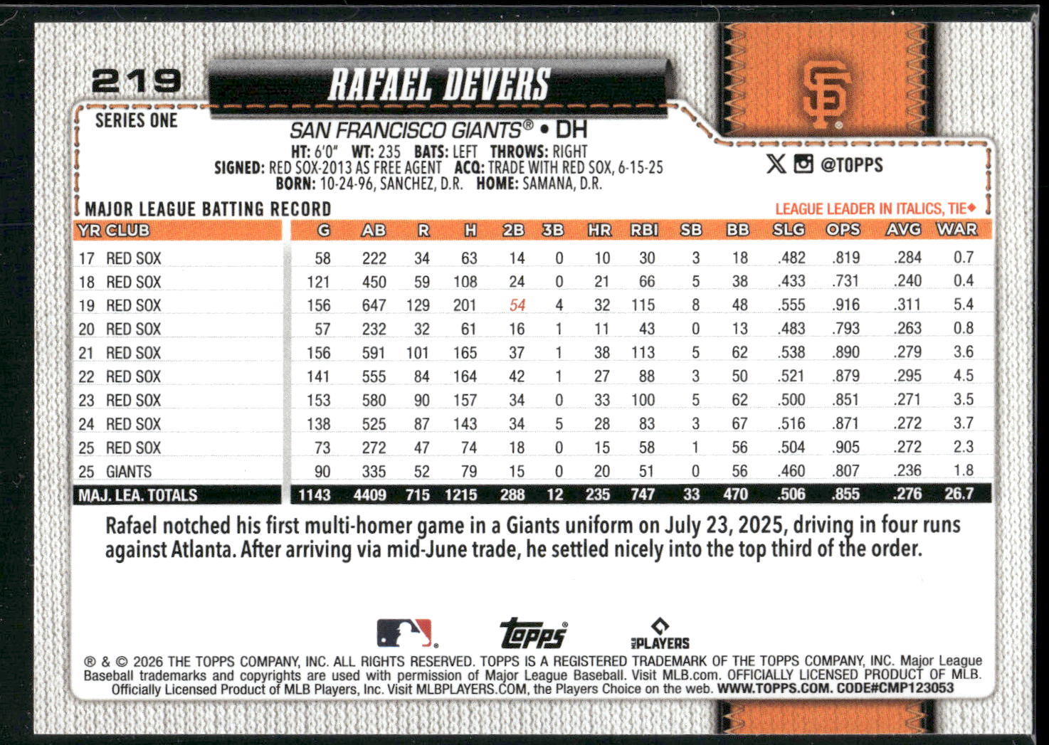 2026 Topps #219 Rafael Devers