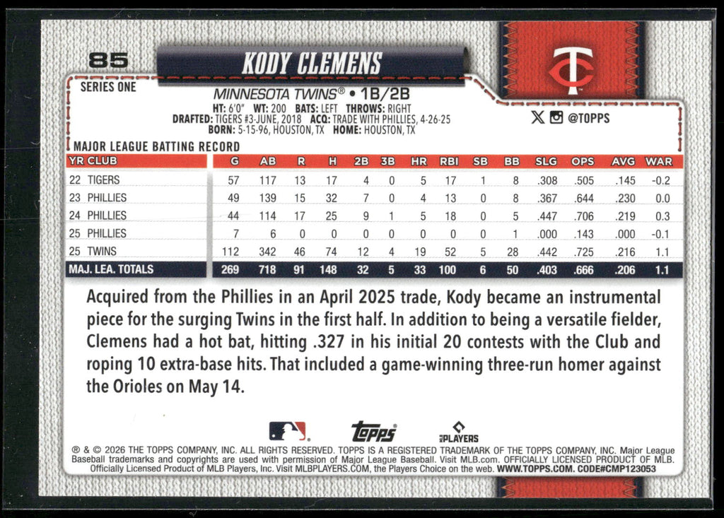 2026 Topps #85 Kody Clemens