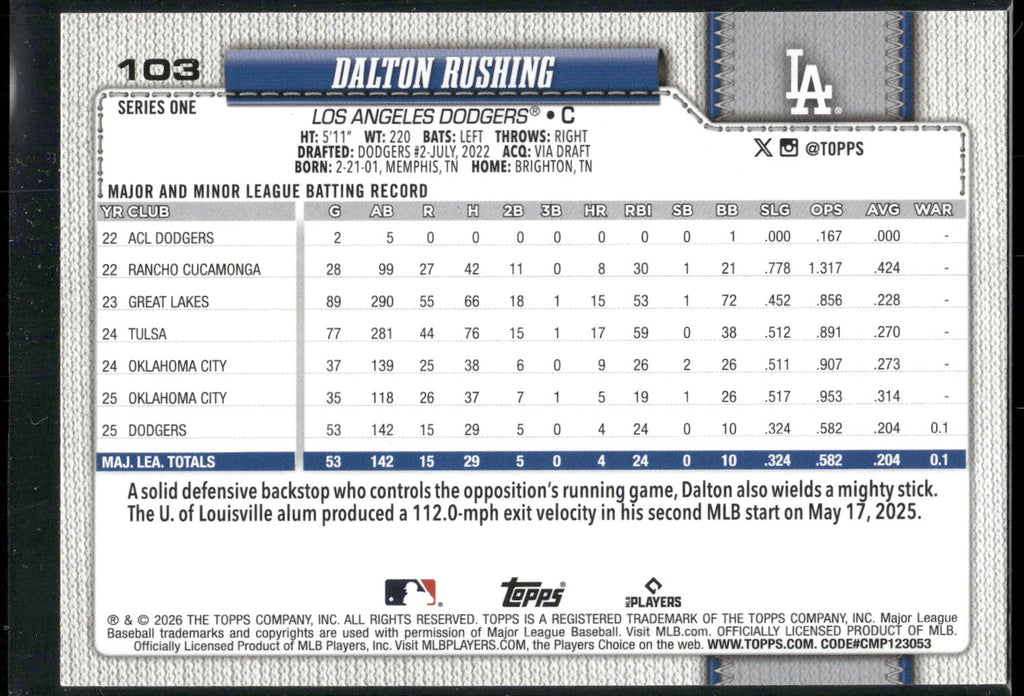 2026 Topps #103 Dalton Rushing