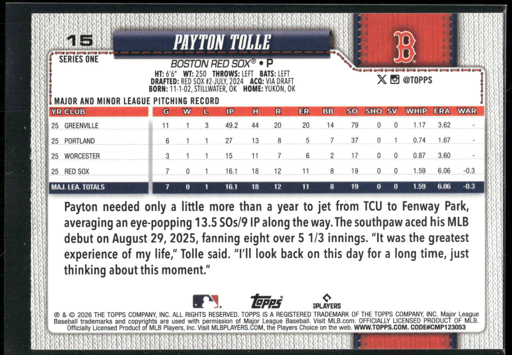 2026 Topps #15 Payton Tolle
