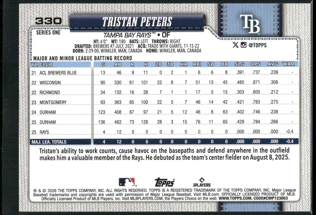 2026 Topps #330 Tristan Peters
