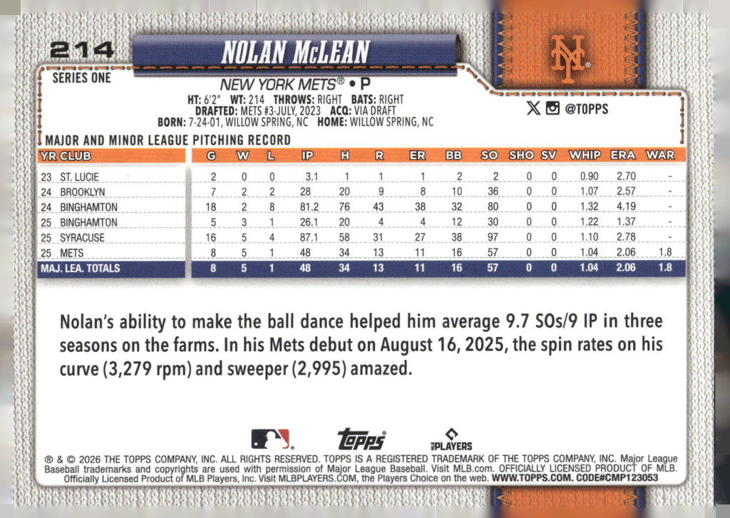 2026 Topps #214 Nolan McLean