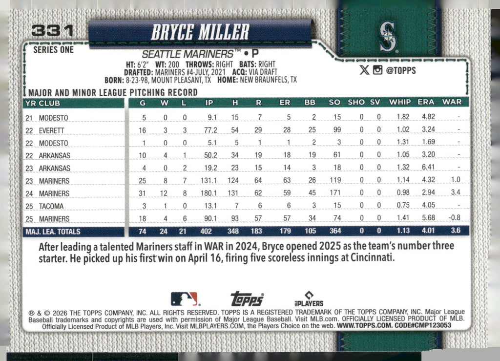 2026 Topps #331 Bryce Miller