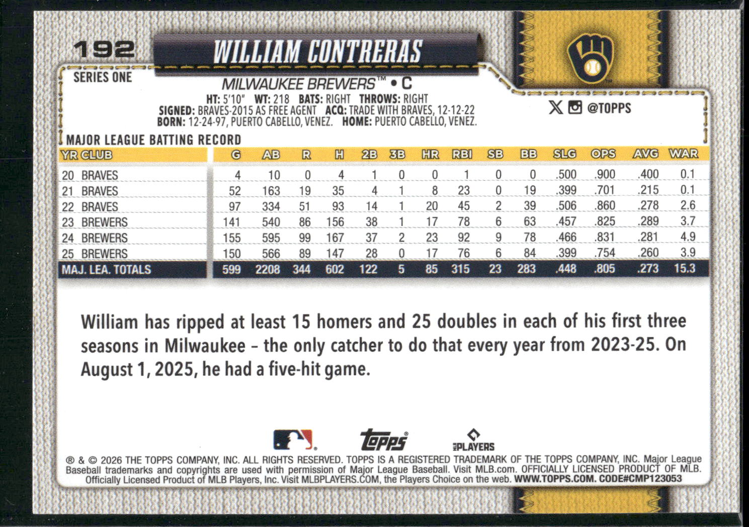 2026 Topps #192 William Contreras