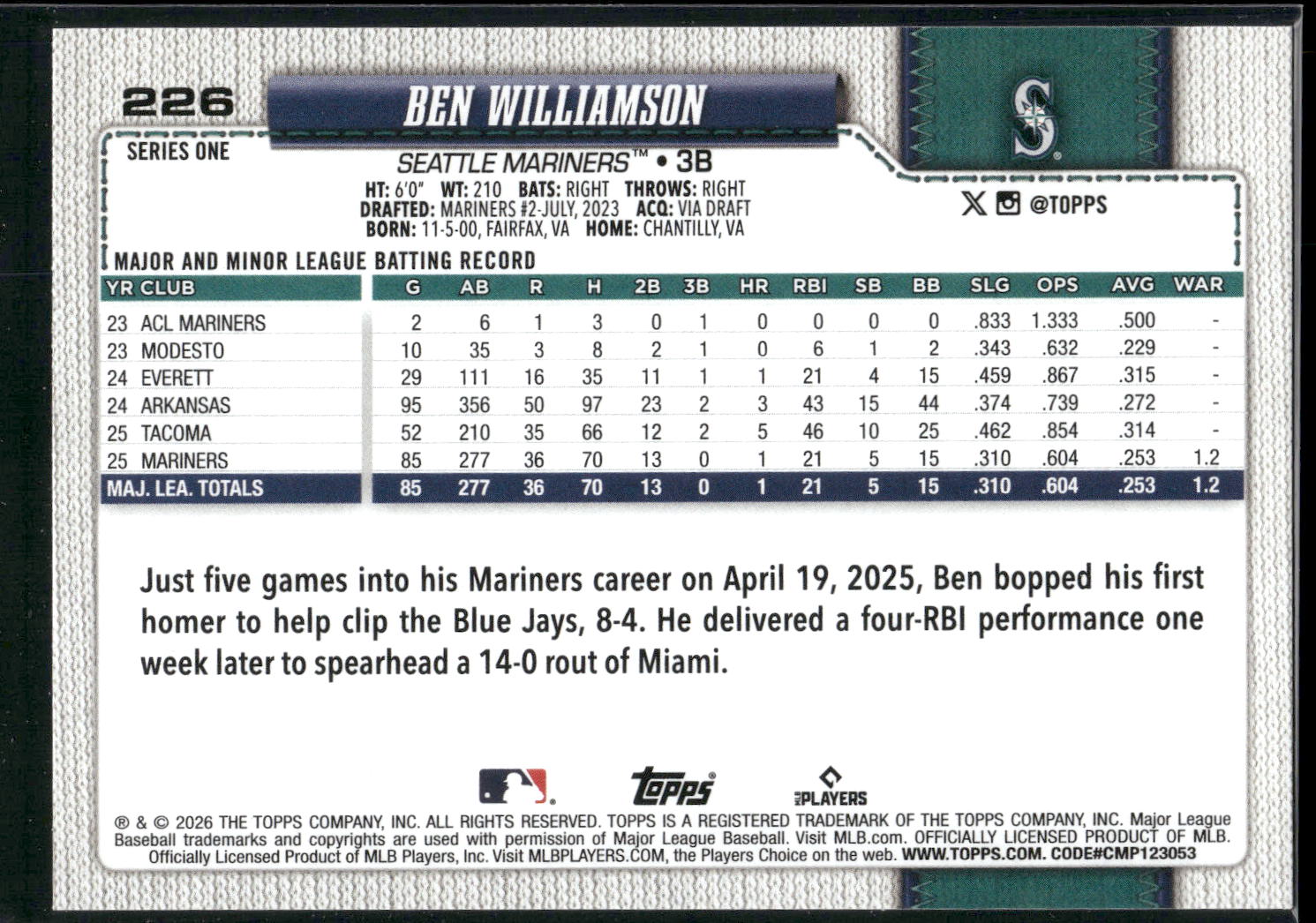 2026 Topps #226 Ben Williamson