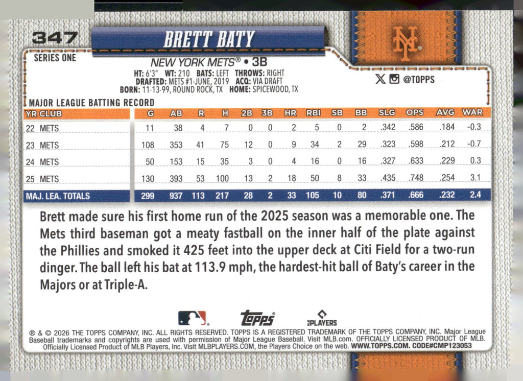 2026 Topps #347 Brett Baty