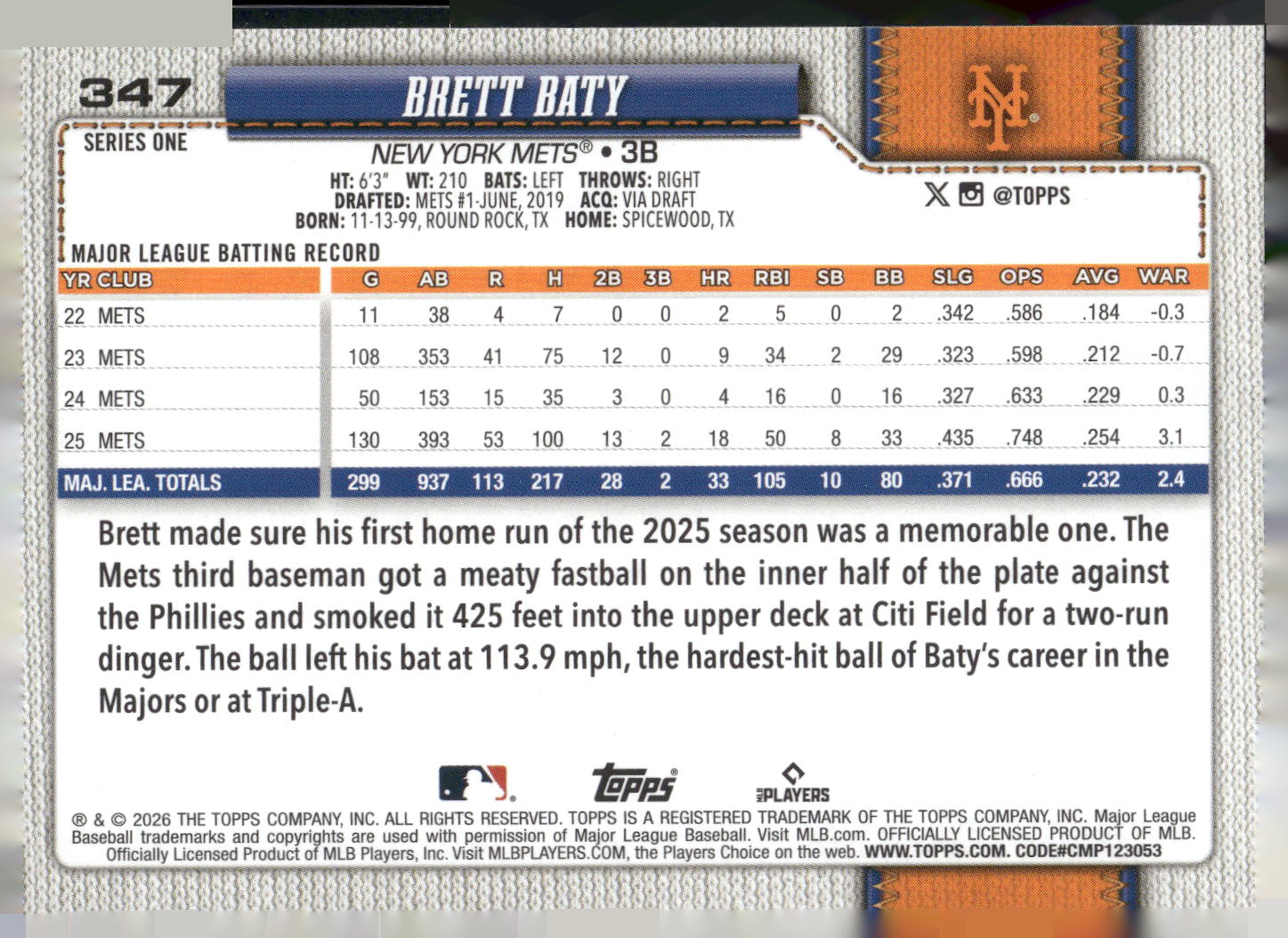 2026 Topps #347 Brett Baty