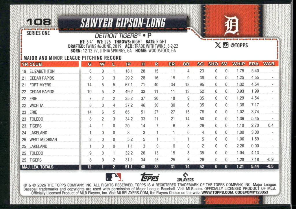 2026 Topps #108 Sawyer Gipson-Long