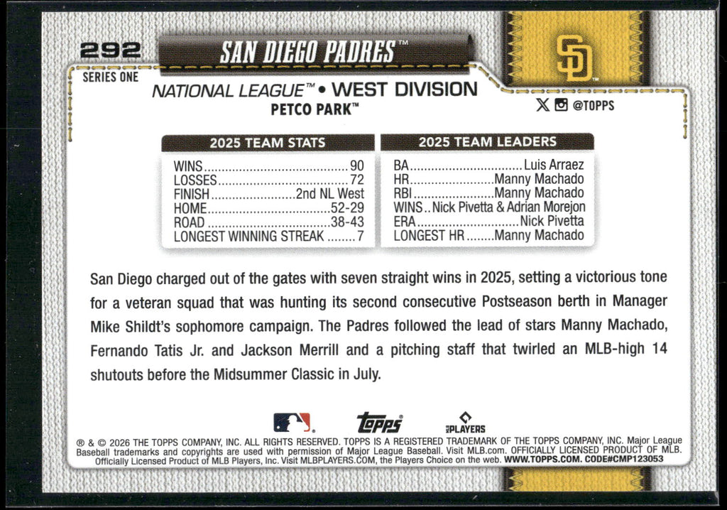 2026 Topps #292 San Diego Padres