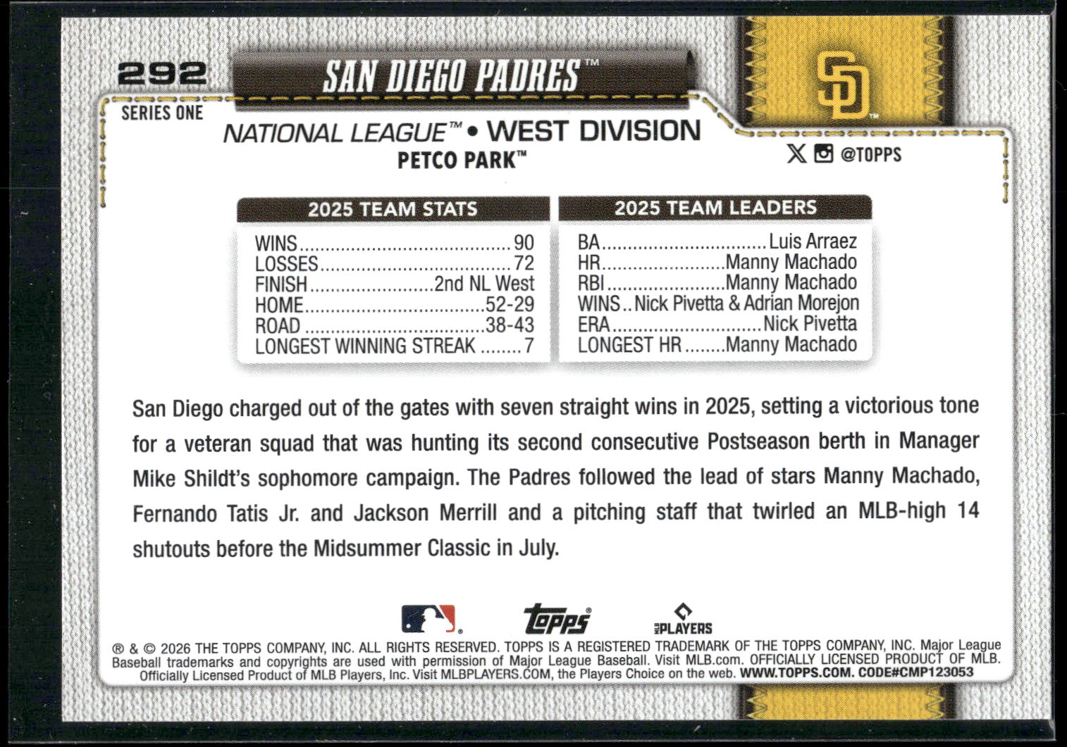 2026 Topps #292 San Diego Padres