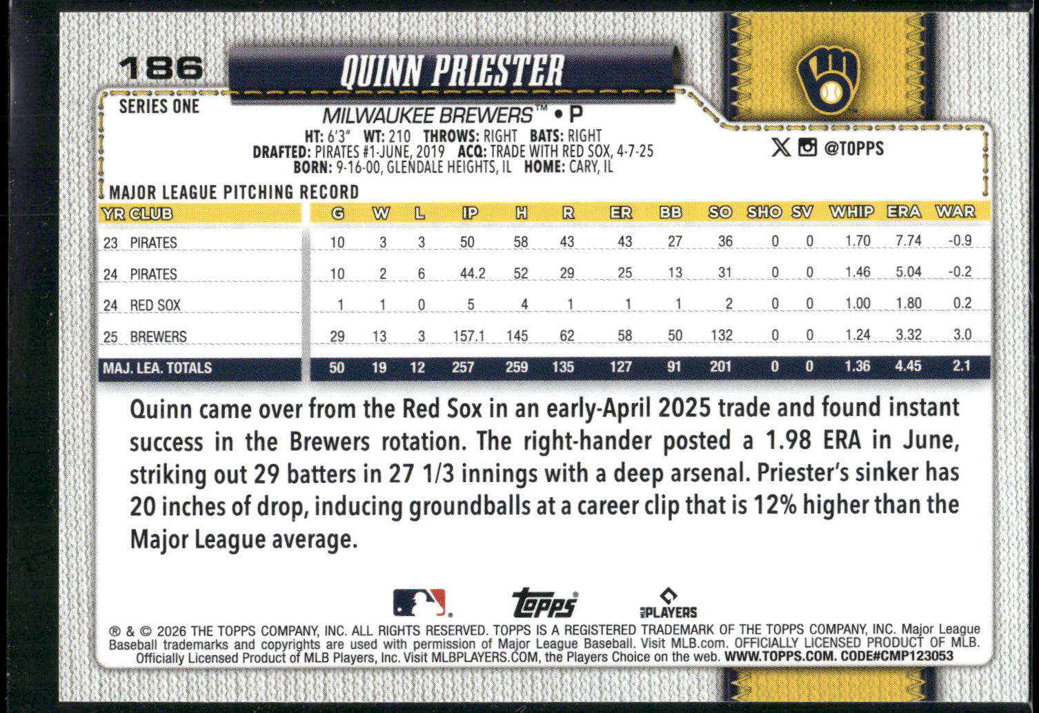 2026 Topps #186 Quinn Priester