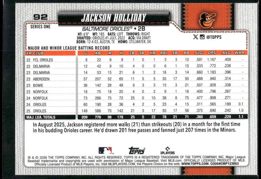 2026 Topps #92 Jackson Holliday