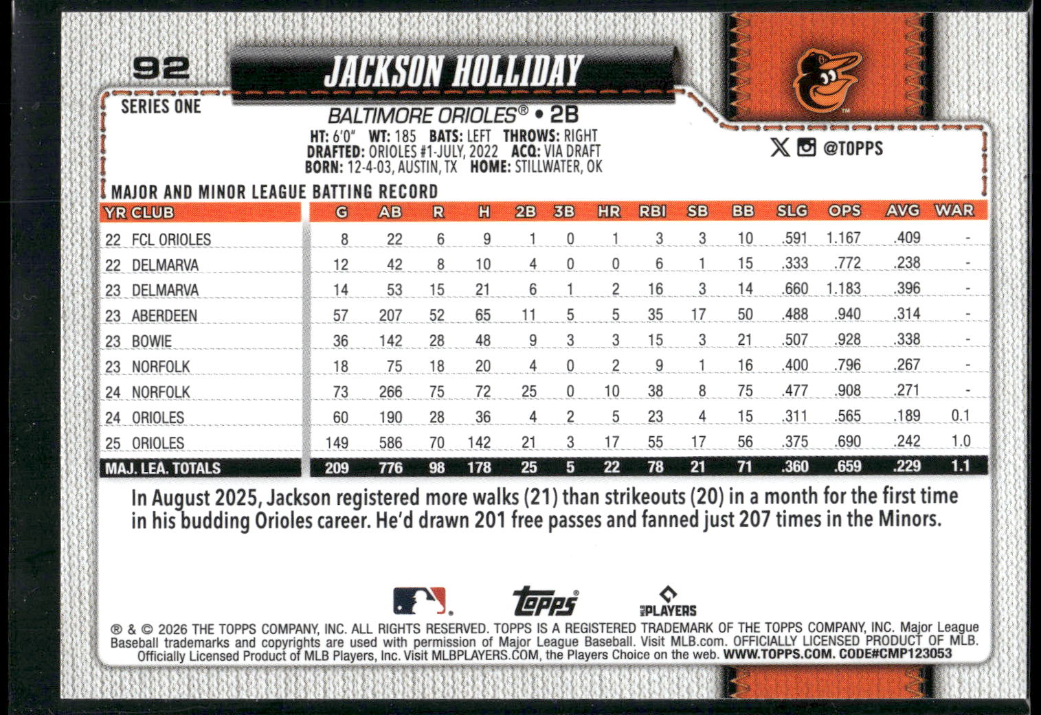 2026 Topps #92 Jackson Holliday