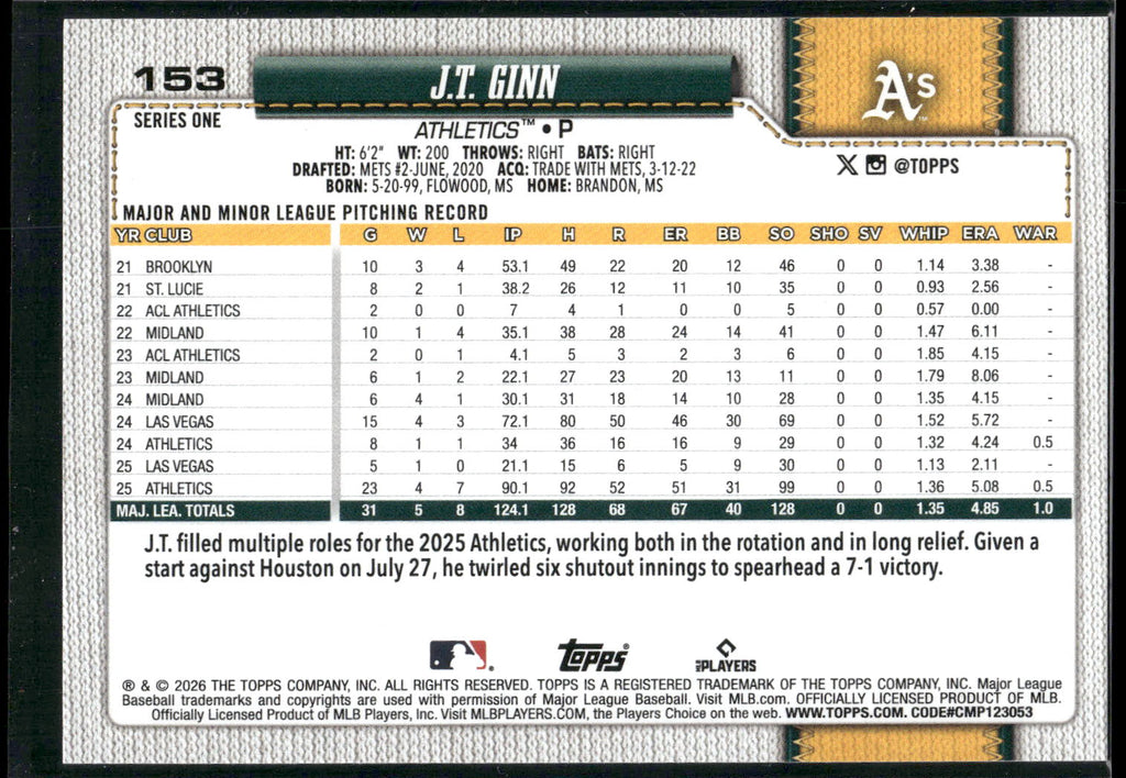 2026 Topps #153 J.T. Ginn