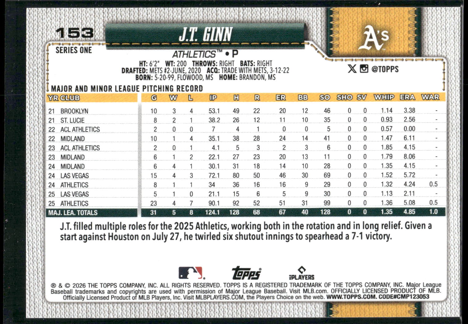 2026 Topps #153 J.T. Ginn