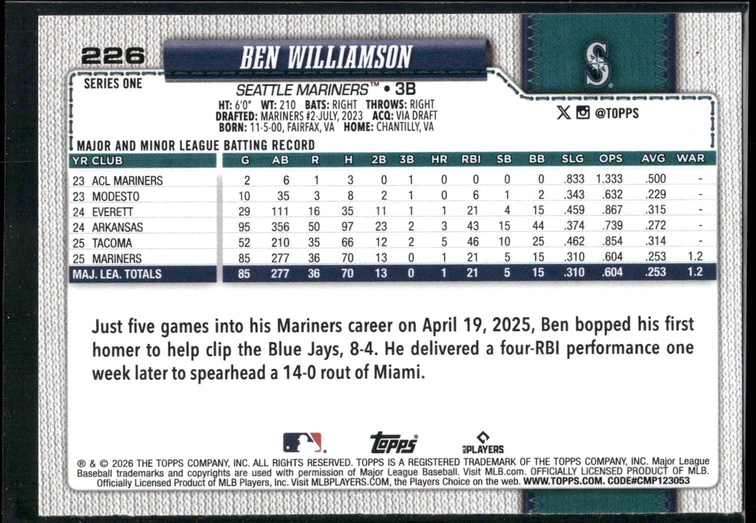 2026 Topps #226 Ben Williamson
