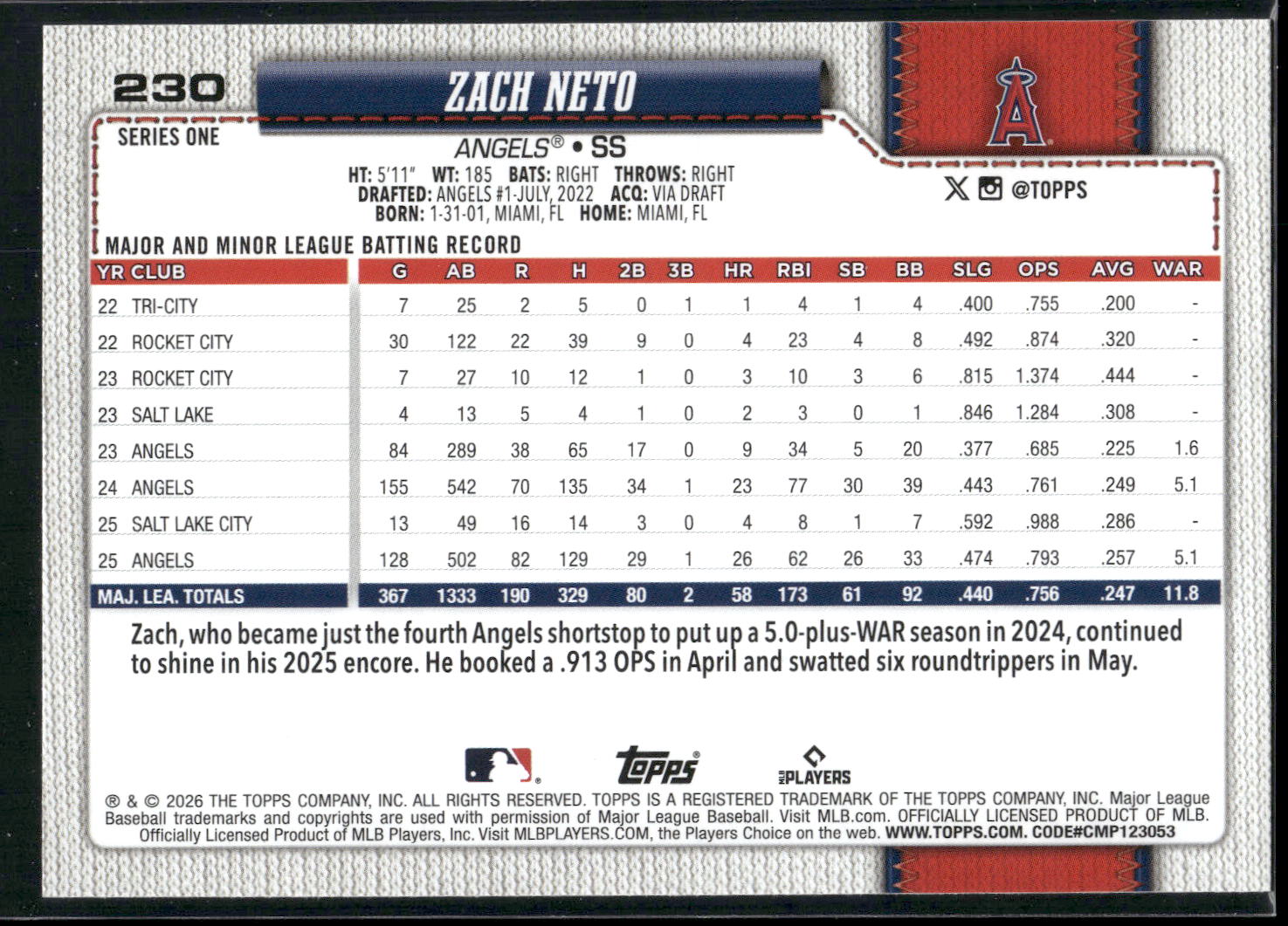 2026 Topps #230 Zach Neto