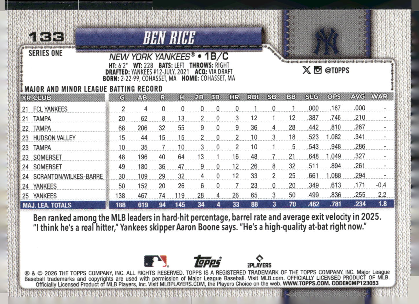 2026 Topps #133 Ben Rice