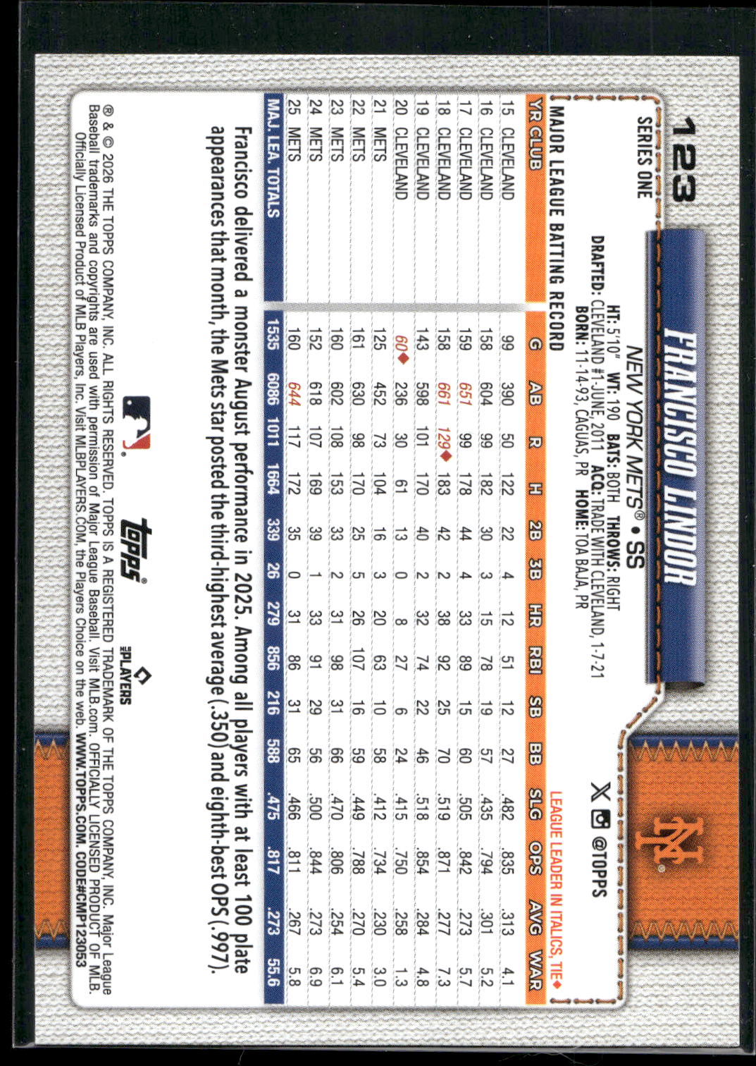 2026 Topps #123 Francisco Lindor