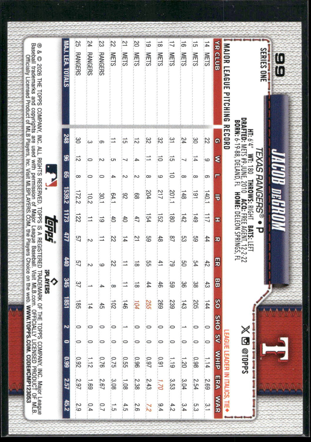 2026 Topps #99 Jacob deGrom