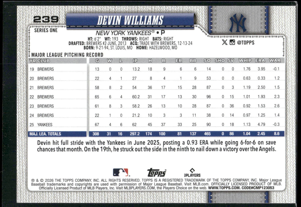 2026 Topps #239 Devin Williams