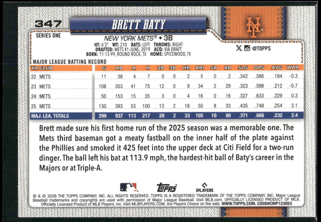 2026 Topps #347 Brett Baty