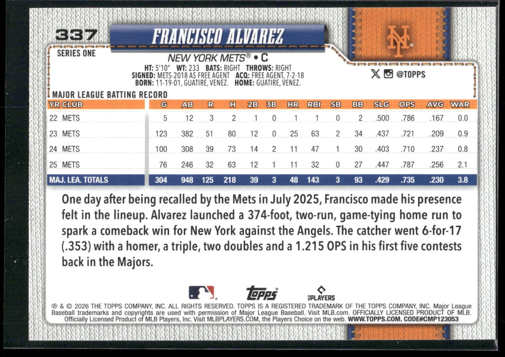 2026 Topps #337 Francisco Alvarez