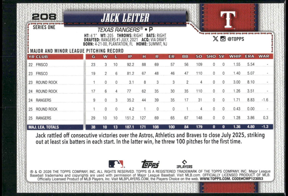 2026 Topps #208 Jack Leiter